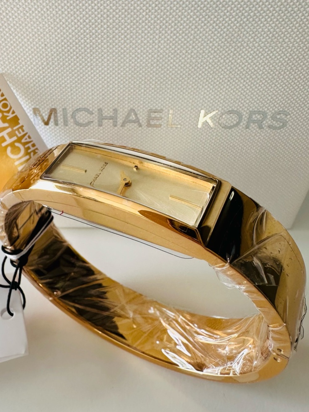 Michael Kors Gold Tone Rectangular Bangle Watch with Champagne Dial
